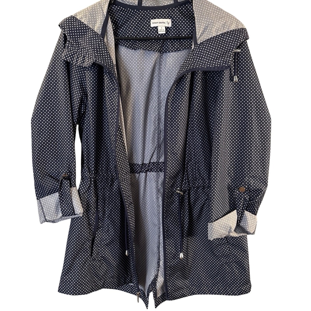 Susan Graver Navy Polka Dot Hooded Packable Rain Jacket with full zip front S